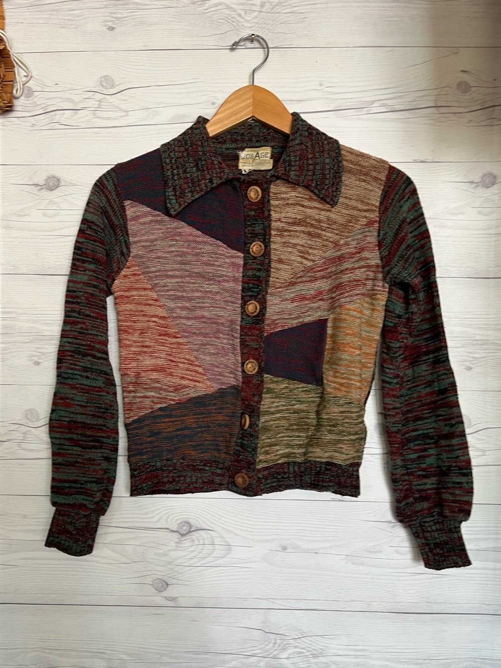 Vtg 70s CollAge Geometric Patchwork Knit Cardigan Sweater Earth Tone Medium